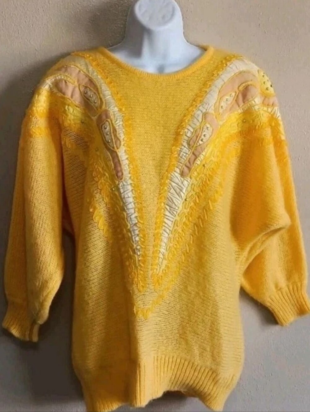 Vintage Adolfo Yellow Decorated, Embroidered Sweater, Fall, Winter, Womens Small
